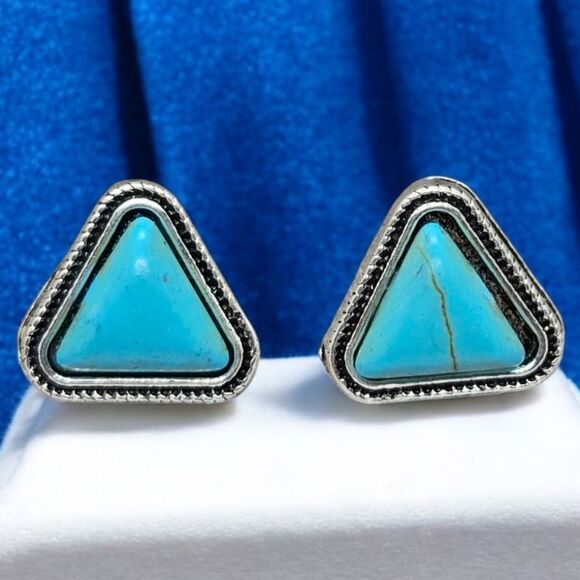 Triangle Turquoise Stud Earrings Boho-Chic Tribal Western Pierced Womens Jewelry - Picture 2 of 3